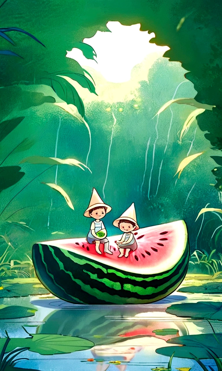 Vision，Hot summer，Two children sitting on a giant watermelon-shaped boat，Back，Wear a sun hat，Fundo verde claro，Summer elements，Lotus Pond，A hot, sunny day in midsummer，Comic Style，Fresh and beautiful atmosphere