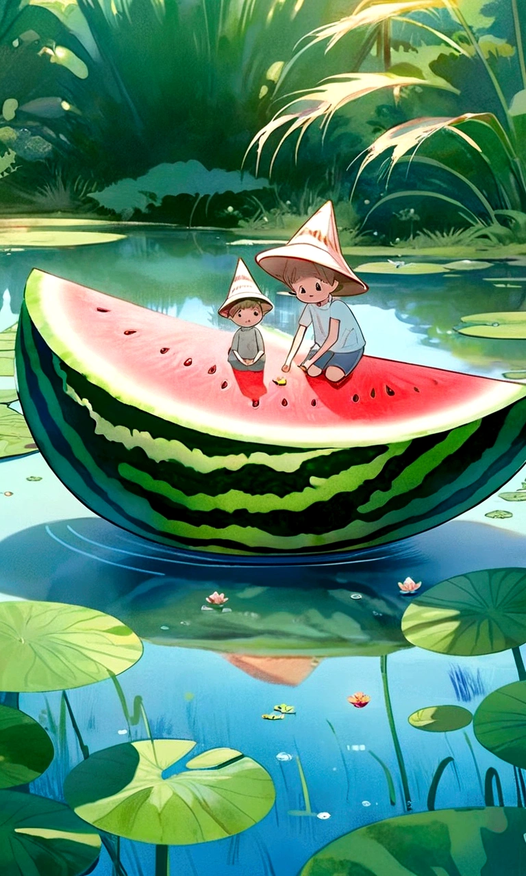 Vision,Hot summer,Two children sitting on a giant watermelon-shaped boat,Back,Wear a sun hat,Fundo verde claro,Summer elements,Lotus Pond,A hot, sunny day in midsummer,Comic Style,Fresh and beautiful atmosphere