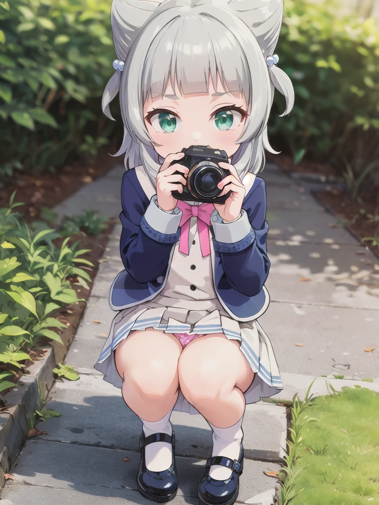 Outdoor,((the way)),, 1girl,Green Eyes, Grey Hair, hair ornaments, bangs, Virtual YouTuber, blunt bangs, Double Bang, Animal ears, Flat Chest,uniform,Navy Blue Blazer,White shirt,Pink ribbon,Grey Skirt,Pink Panties,White long socks,(Black low heels),I have a pink camera,Bring the camera closer to your face,squat,Hold the camera, :3