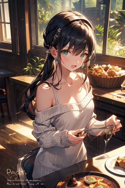 (small breasts:1.2), (perky chest:1.2), (pointed chest:1.2), (Pudding cake magazine cover:1.3),(from above:1.0),(from side:0.9),masterpiece, 1girl, Amazing Cleavage:1.1, thin waist, big ass, Raised sexy, posed cleavage:1.2、solo, looking at viewer, open mouth, have a cute grass of cute beergrass,black hair, dark green eyes, dress, bare shoulders, jewelry, collarbone, sidelocks, hairband, earrings, indoors, off shoulder, sweater, arms behind back, plant, short hair with long locks, gild hairband, off-shoulder dress, sweater dress, off-shoulder sweater, red sweater, dark gord hair, big side hair, very long side hair,is rendered in (masterpiece: 1.2, best quality), with (ultra high resolution) and an exquisite (depth of field). This masterpiece is not only visually stunning but also tells,A scene of cooking in the kitchen by classroom