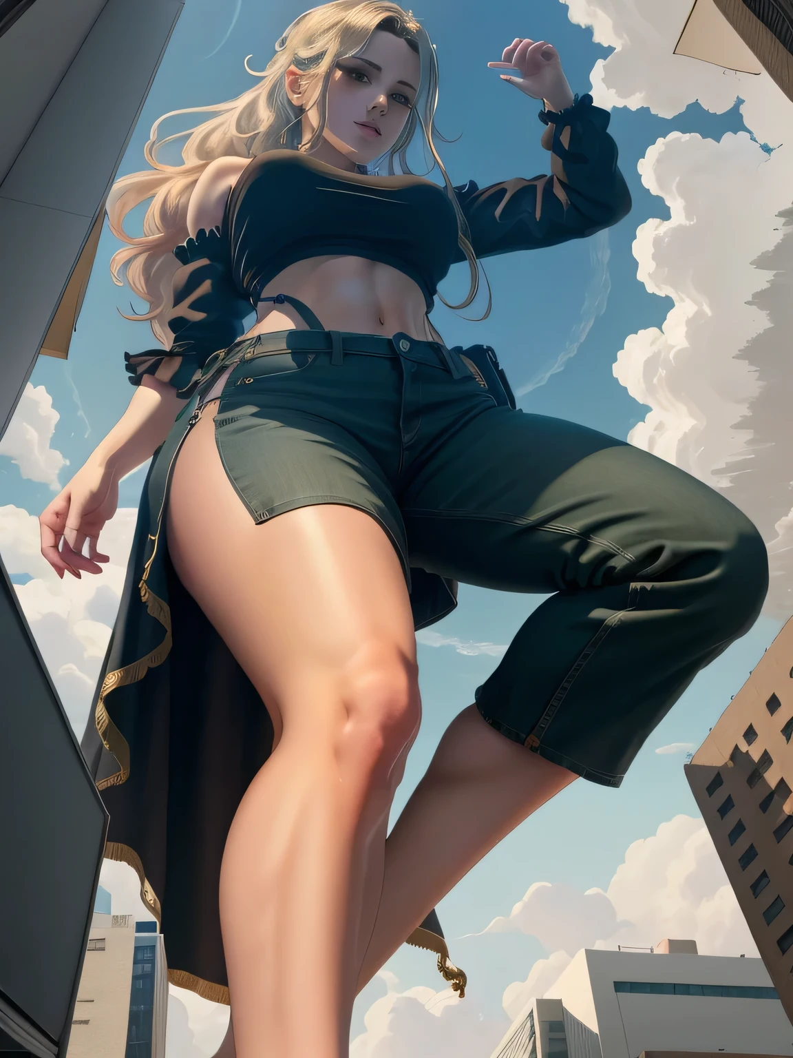clouds, gtscity, cityscape, mountain ranges, shoes, long platinum blonde hair, green eyes, smirk, big tits, good anatomy, correct anatomy, stomping on city, stomping city, wearing shoes, stomping