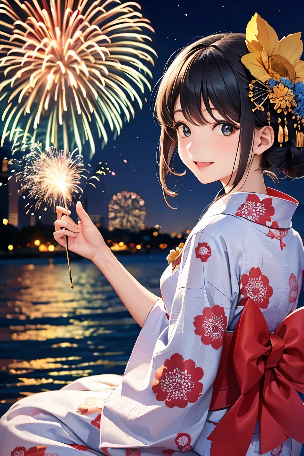 Fireworks are being set off. BREAK A cute woman in a yukata is having fun. She has a mischievous smile on her face.