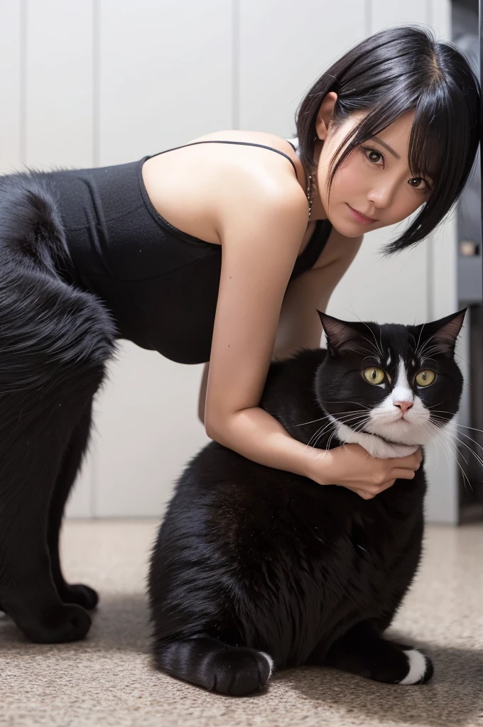 elegant mature japanese woman, 55 years old, aristocratic lady, beautiful detailed lips, fluffy tail, long eyelashes, chubby body type, full nude, (full body), sexy, glamorous, (cat ears), tail, bob haircut, collar, (red lipstick), charismatic, crawling on all fours