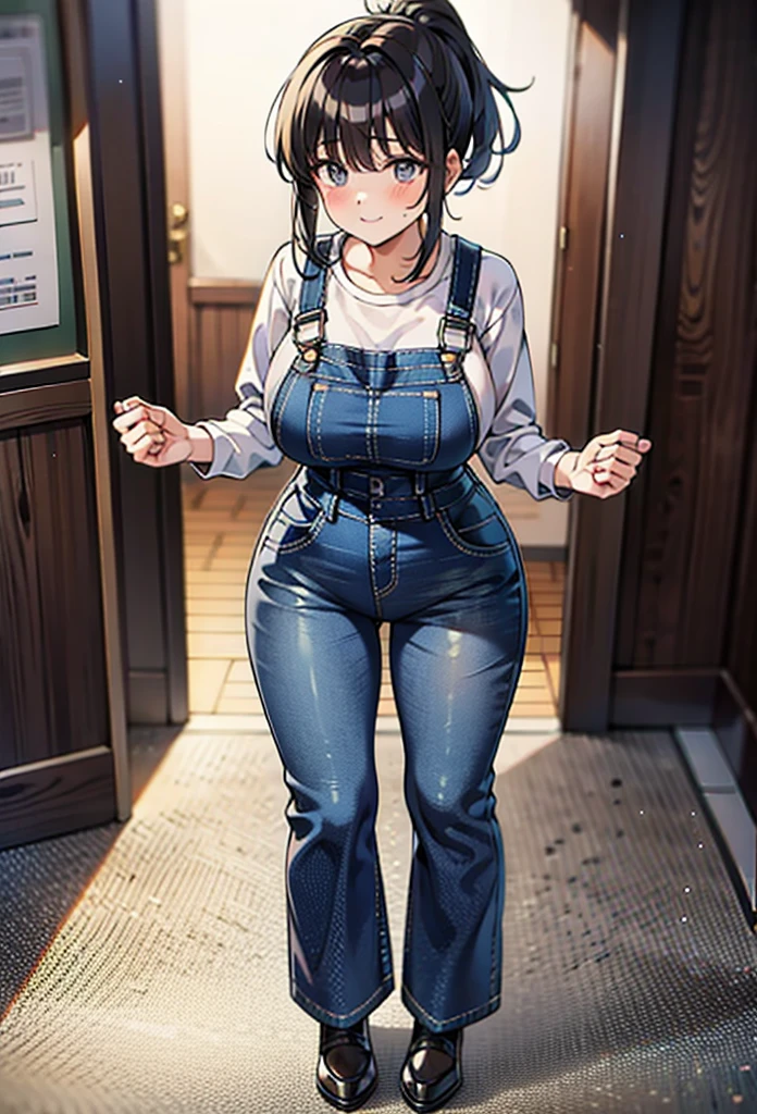 cute,black hair,big breasts,ponytail,POV,overalls,full body