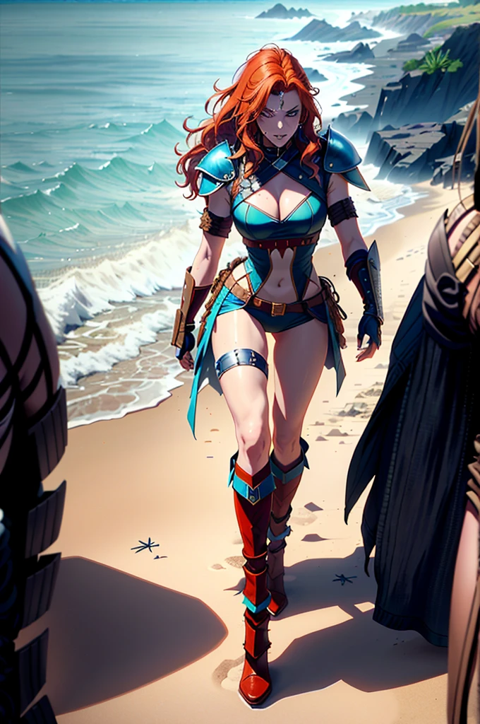 a woman with red hair, a very beautiful berserker woman, a pioneering barbarian pirate, wearing warrior leather armor, wearing left eye patch, Marvel-style super villain, 8K, better quality and full body in the image, walking on the beach.