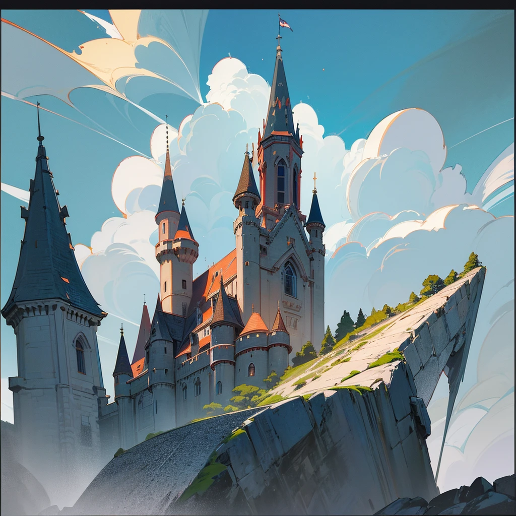 A majestic medieval castle, intricately detailed, sits proudly atop a craggy cliff with turrets reaching towards the sky. The artwork, depicted in a mezzotint risograph stippled style, emphasizes the ancient stonework's textures and weathered surfaces, bringing out every nuance of its historic charm. The scene is hyper-realistic, rendered in 8k resolution with vibrant colors and a sharp, crisp image. At the highest turret, a flag waves boldly in the wind, bearing the name "SHIFTERS" in elegant script, adding a touch of identity and grandeur to the impressive fortress.