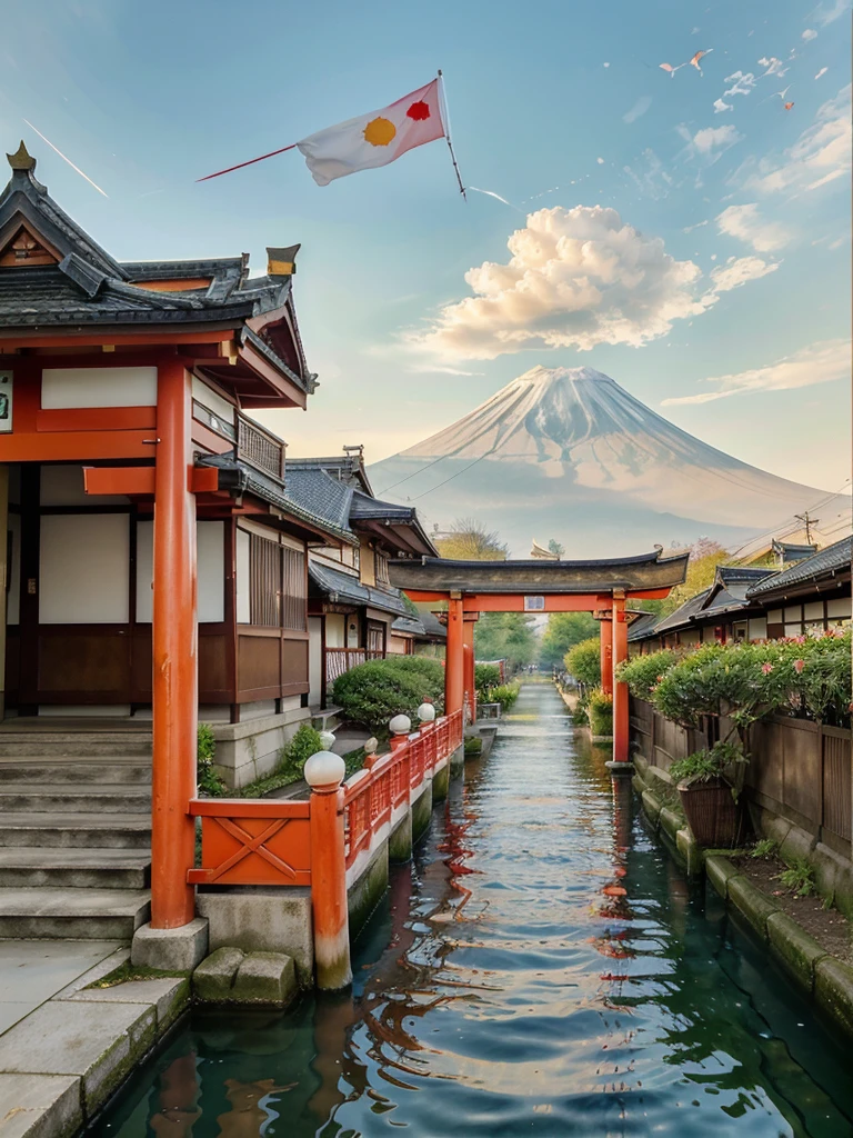 ศิลปะwatercolor paintingมัน,with koi flag,red torii gate,There is a cherry blossom branch on the edge of the picture.,There is Mount Fuji and water waves. big red sun,There are two koi fish flags on either side of the pole.,Japanese painting,bright colors,watercolor painting