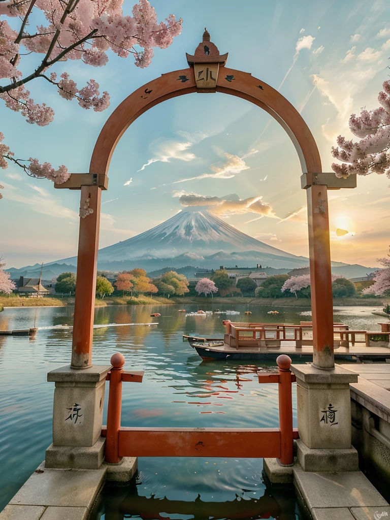 ศิลปะwatercolor paintingมัน,with koi flag,red torii gate,There is a cherry blossom branch on the edge of the picture.,There is Mount Fuji and water waves. big red sun,There are two koi fish flags on either side of the pole.,Japanese painting,bright colors,watercolor painting