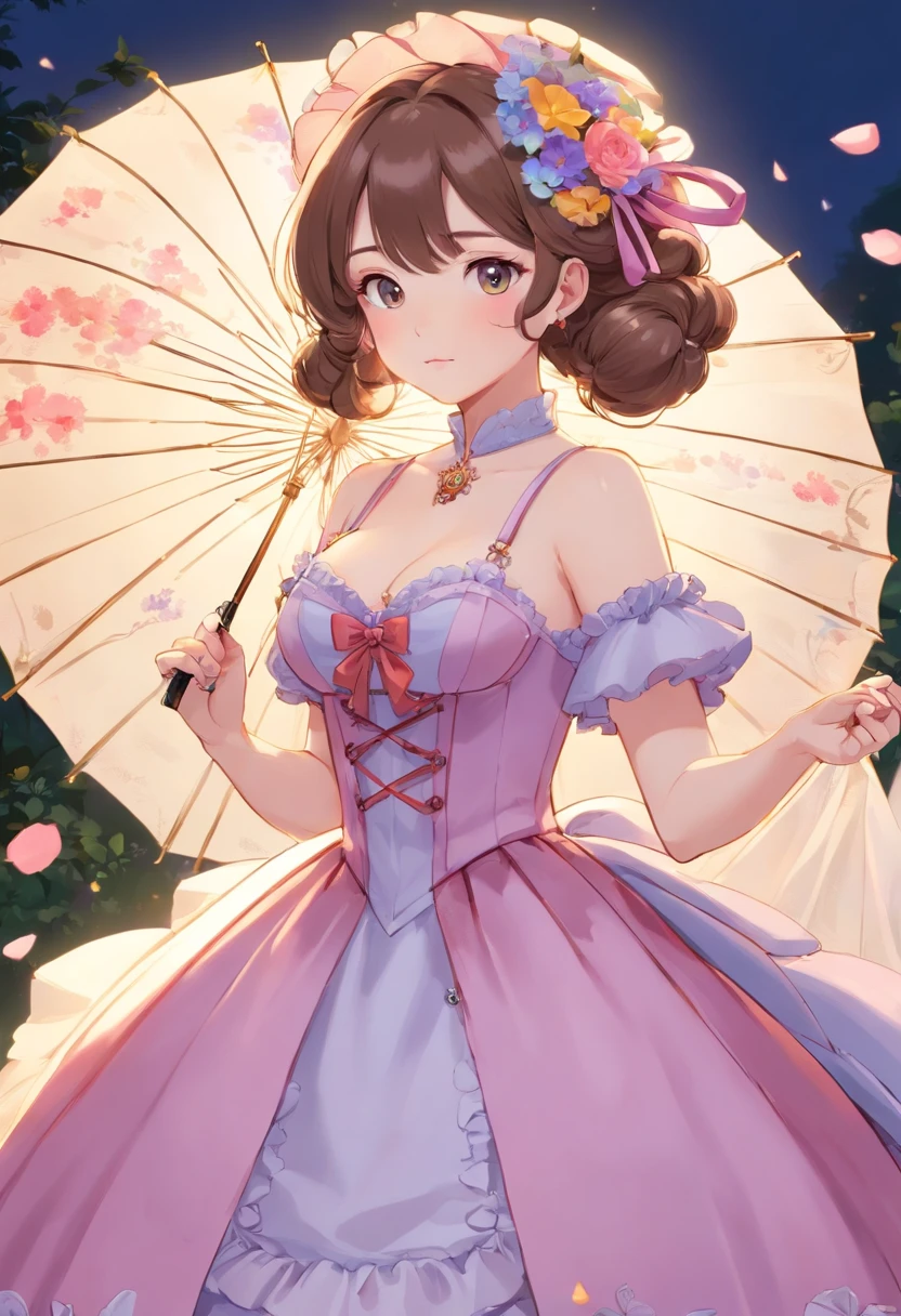(Masterpiece), (best quality), illustration of Victorian Girl、kawaii girl、aniime、 1. **lo fashion**: Victorian fashion is characterized by dressy and elegant design。Ruffles and laces、corsets、Try incorporating elements such as long dresses。 2. **hairstyle on**: Women's hairstyles in the Victorian era are often complex and delicate。Upstyling and curling、It is also a good idea to add ribbons and floral ornaments to the hair.。 3. **Features**: girl features with soft features、Beautiful、kawaii、intelligent Beatty, Beautiful 5. **accessorized**: Accessories played an important role in the Victorian era。Hats、gloves、umbrellas, etc.、By drawing accessories with attention to detail、You can give your character personality。 Nice dress、florals、Luxurious costumes、PastelColors, (shining brightly), ((dazzling)), (floating a lot of flower petals, ((2d)), ((paper art))、(((glamorous)))、Plump、(((Chubby Mature Woman)))、(((Huge breasts)))、sexy woman、(Voluptuous:1.2)