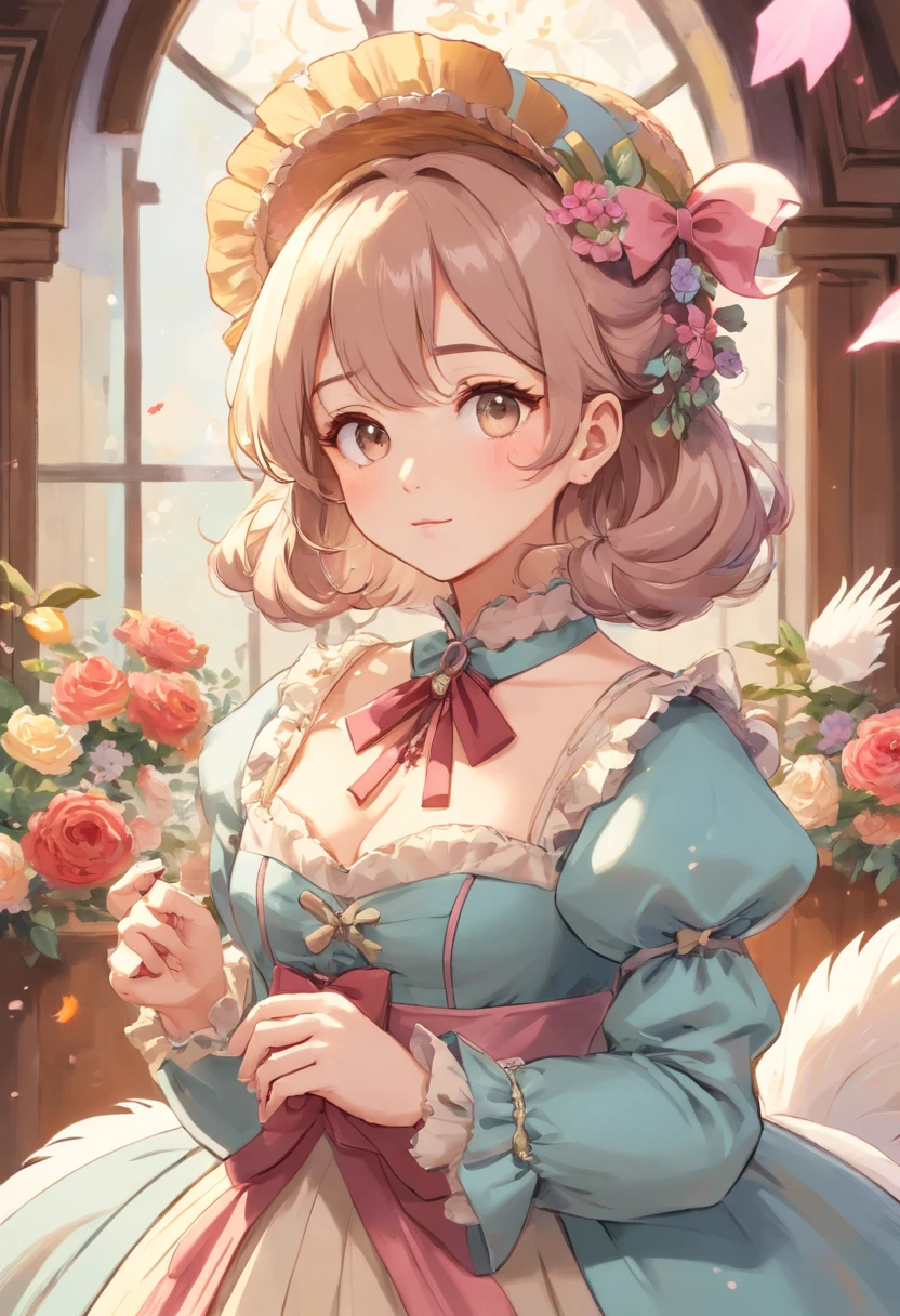 (Masterpiece), (best quality), illustration of Victorian Girl、kawaii girl、aniime、 1. **lo fashion**: Victorian fashion is characterized by dressy and elegant design。Ruffles and laces、corsets、Try incorporating elements such as long dresses。 2. **hairstyle on**: Women's hairstyles in the Victorian era are often complex and delicate。Upstyling and curling、It is also a good idea to add ribbons and floral ornaments to the hair.。 3. **Features**: girl features with soft features、Beautiful、kawaii、intelligent Beatty, Beautiful 5. **accessorized**: Accessories played an important role in the Victorian era。Hats、gloves、umbrellas, etc.、By drawing accessories with attention to detail、You can give your character personality。 Nice dress、florals、Luxurious costumes、PastelColors, (shining brightly), ((dazzling)), (floating a lot of flower petals, ((2d)), ((paper art))、(((glamorous)))、Plump、(((Chubby Mature Woman)))、(((Huge breasts)))、sexy woman、(Voluptuous:1.2)