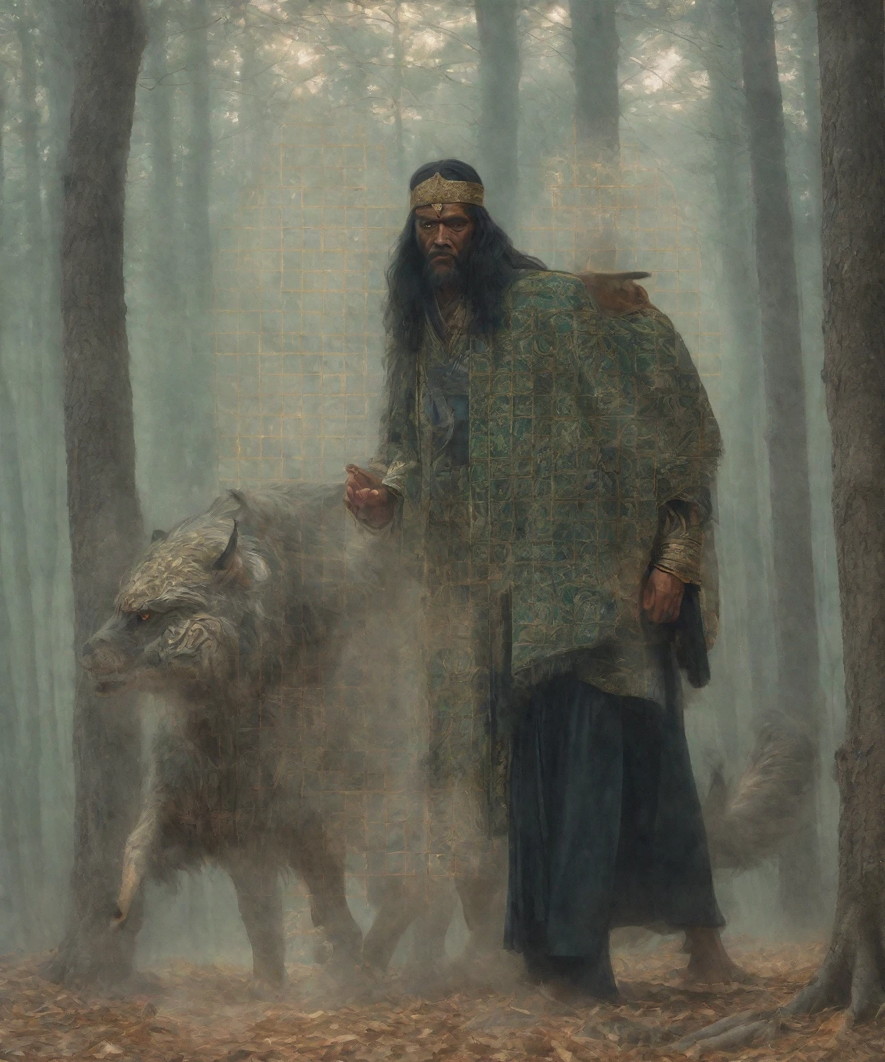 Hyper-realistic portrait of a rugged warrior standing beside his loyal shade wolf companion. The warrior, a stocky figure with a determined expression, wears an imposing helmet crafted from the jaws of a whale shark, its teeth forming a menacing crown. His eyes peer through simple white-framed eyeglasses, adding an unexpected scholarly touch to his fierce appearance.
The warrior is draped in flowing, emerald green bardic robes adorned with intricate golden embroidery, hinting at a musical past. In his hand, he wields a massive, curved blade fashioned from a whale shark's tooth - wickedly sharp and gleaming with an otherworldly pearlescence.
Beside him stands a majestic shade wolf, its fur as black as midnight with glowing red eyes that pierce the soul. The wolf's coat seems to absorb light, creating an aura of shadow around it.
The pair is positioned in a misty forest clearing, shafts of golden sunlight breaking through the canopy to illuminate them dramatically. The background hints at ancient ruins, suggesting a world rich with history and magic.
The image should have a cinematic quality, with sharp focus on the warrior and wolf, while the background has a slight depth-of-field blur. The lighting should enhance the contrast between the shadowy wolf and the vibrant colors of the warrior's attire.