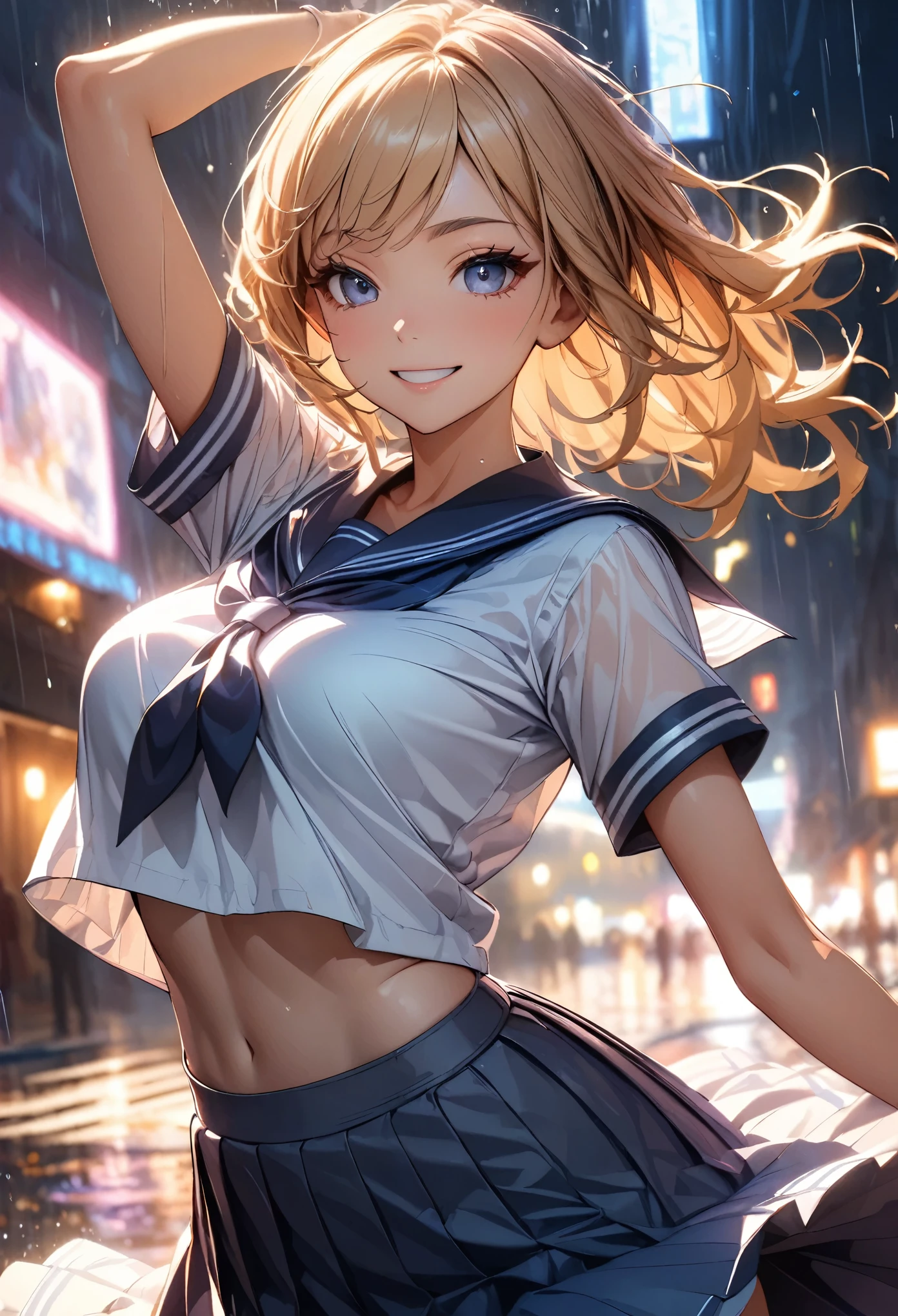 Girl dancing in the rain:1.2, Rainy Street, smile:1.2, JK, Sailor suit, Cinema Lighting, Beautiful lip detail, Very detailedな顔と姿, Long eyelashes, Cowboy Shot, Dance Motion, Dynamic Motion Blur;1.2, Vibrant colors, mood with atmosphere, Dramatic lighting, Surreal, (Highest quality:1.24, Very detailed, High detail, masterpiece:1.2, Highest quality).