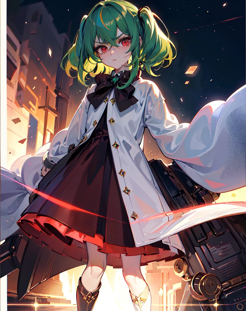 {{masterpiece}}, best quality, ultra, detailed ,extremely detailed CG unity 8k wallpaper, cinematic lighting, lens flare, beautiful detail eyes, red eyes, side glance, Full body portrait、(Image idol sculpture、A lovely idol pose) , colorful light, particles, (colorful:1.5), (green hair, medium hair, Perm Hair:1.2), white Blouse , white short pants, long boots , chocolate colored coat ,red bow tie, (proud:1.0),(elegant:1.0), (fascinating:1.2), (scowl:1.1), (stare at viewer with stern eyes:1.5) ,