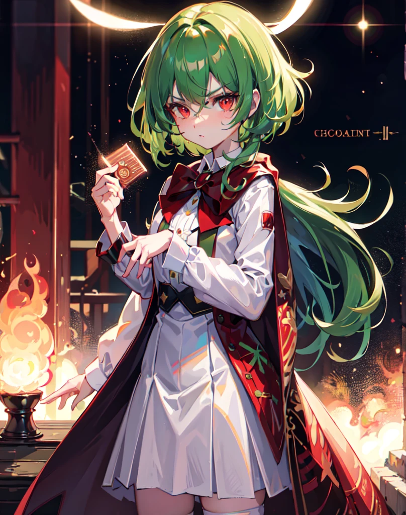 {{masterpiece}}, best quality, ultra, detailed ,extremely detailed CG unity 8k wallpaper, cinematic lighting, lens flare, beautiful detail eyes, red eyes, side glance, Full body portrait、(Image idol sculpture、A lovely idol pose) , colorful light, particles, (colorful:1.5), (green hair, medium hair, Perm Hair:1.2), white Blouse , white short pants, long boots , chocolate colored coat ,red bow tie, (proud:1.0),(elegant:1.0), (fascinating:1.2), (scowl:1.1), (stare at viewer with stern eyes:1.5) ,