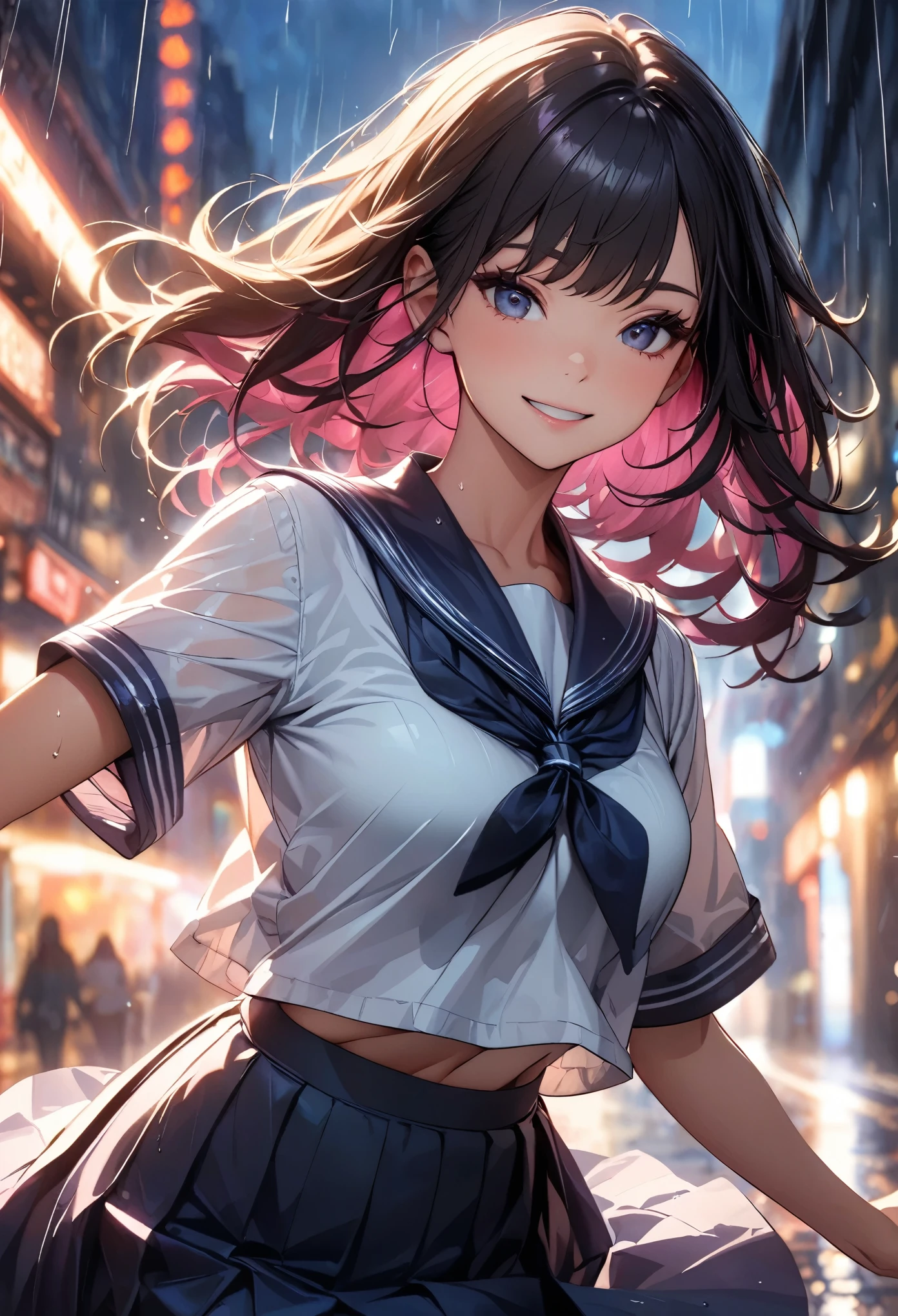 Girl dancing in the rain:1.2, Rainy Street, smile:1.2, JK, Sailor suit, Cinema Lighting, Beautiful lip detail, Very detailedな顔と姿, Long eyelashes, Cowboy Shot, Dance Motion, Dynamic Motion Blur;1.2, Vibrant colors, mood with atmosphere, Dramatic lighting, Surreal, (Highest quality:1.24, Very detailed, High detail, masterpiece:1.2, Highest quality).