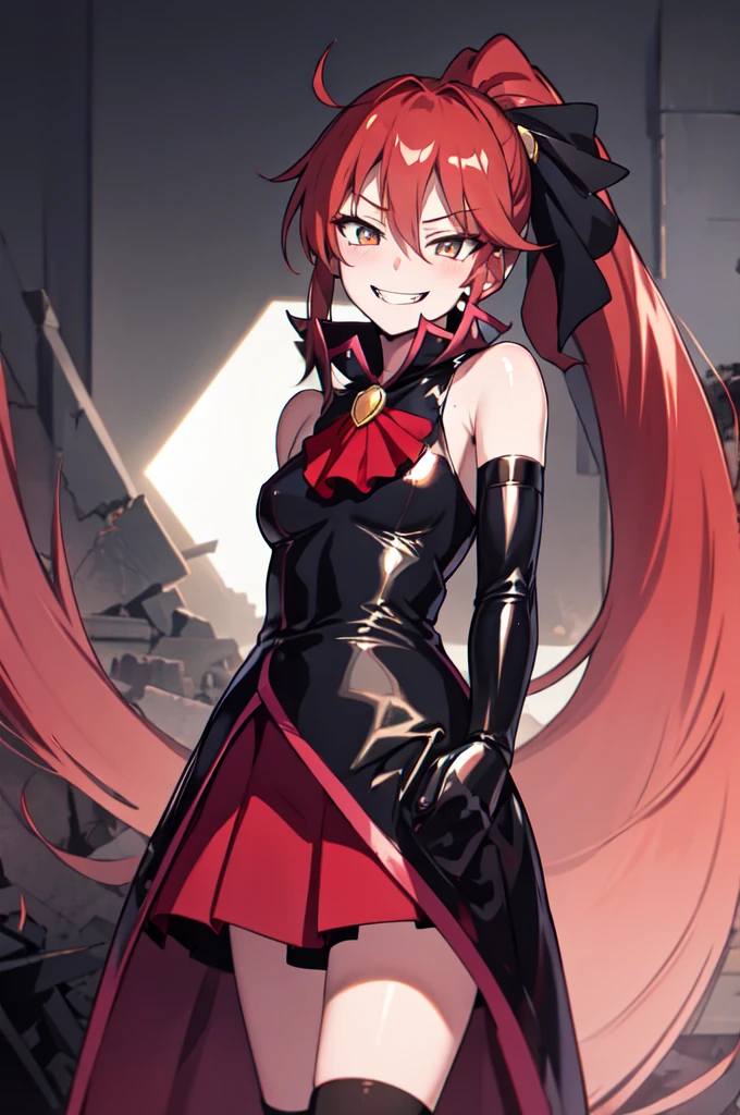 Highest quality, masterpiece, One Girl,Not beautiful, Red Ponytail, Long dress, brooch, Hair Ribbon, - Elbow hand pockets, Black knee socks, Standing on the rubble, (A very wicked smile:1.1), ,,Dark shadowed face,Sadistic smile,Malice,Contempt,smile,latex,Bad face,,Red Skirt,two hands,two legs,five fingers,evil background,elbow gloves,latex, Wicked Smile, devilish aura (Shiny fabric:1.5),Evil Darkness