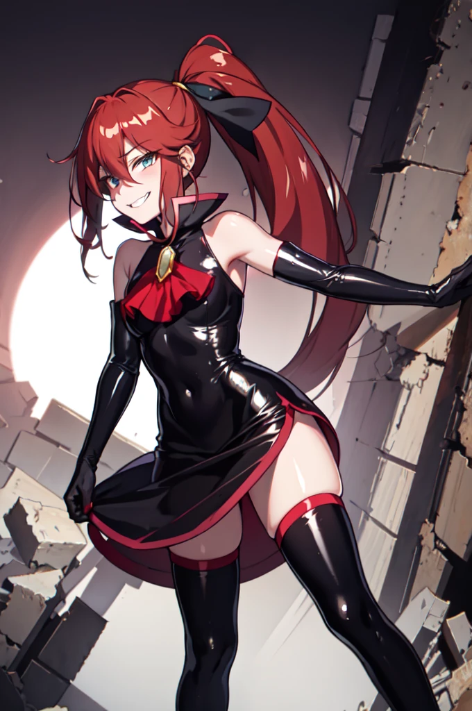 Highest quality, masterpiece, One Girl,Not beautiful, Red Ponytail, Long dress, brooch, Hair Ribbon, - Elbow hand pockets, Black knee socks, Standing on the rubble, (A very wicked smile:1.1), ,,Dark shadowed face,Sadistic smile,Malice,Contempt,smile,latex,Bad face,,Red Skirt,two hands,two legs,five fingers,evil background,elbow gloves,latex, Wicked Smile, devilish aura (Shiny fabric:1.5),Evil Darkness