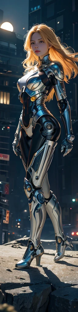 born, masterpiece, Ultra-thin photo, 最high quality, Ultra-high resolution, Realistic, sunlight, Full body portrait, Very beautiful, Dynamic pose, Delicate face, bornきbornきとした目, (Side view), She uses the mechanism of a futuristic cyborg woman, Yellow Eyes, Multicolored Hair, Futuristic metropolis background, high tech, Very detailed, Detailed face, Detailed, intricate and busy background, nice, milky, Very detailed肌, Realistic skin detail, Pores are visible, Sharp focus, Volume Mist, Moonlit Night, 8K Ultra HD, Digital single-lens reflex camera, high quality, Film Grain, Fair skin, Photorealism, Lomography, expanding metropolis in a futuristic dystopia, View from below, translucent