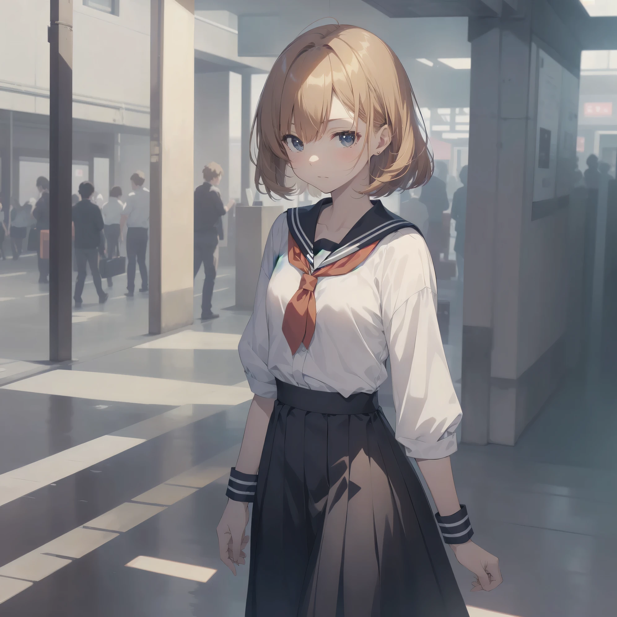 ultra-absurdres-Top quality by artist God, ultra-detailed, high resolution, anime moe artstyle, best anime 8k konachan wallpaper, pixiv contest winner, pool:2810, perfect anatomy,break, 1girl, (Please draw a girl walking sleepily to school alone. )break,(Solo,little female, 13-year-old:1.3),Full limbs, complete fingers,a junior high school student, (very short hair), short cut, flat chest, , small butt, small black eyes, beautiful detailed eyes, well-proportioned iris and pupils, expressive eyes, highres detailed hair, soft expression, salor school_uniform, sailor collar, serahuku, bow, pleated skirt,(Detailed Lighting), (Detailed background), in the School commute route. break,super detailed skin, Best cinematic lighting powered by famous artist, 8k,beauty illustration,photoshop_(medium),very aesthetic,break,((artist:hana_kazari )), artist:clamp ,artist:carnelian ,artist:kantoku ,
