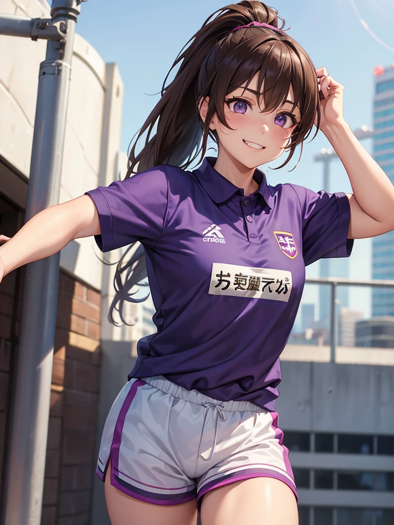 girl, brown hair tied in two, purple eyes, wear uniform, her hair is tied. strong girl, intrepid, sports uniform, domination type, her hair is two ponytails, girl who loves sports, intrepid, punch, thug, Track and Field Club, smiled proudly