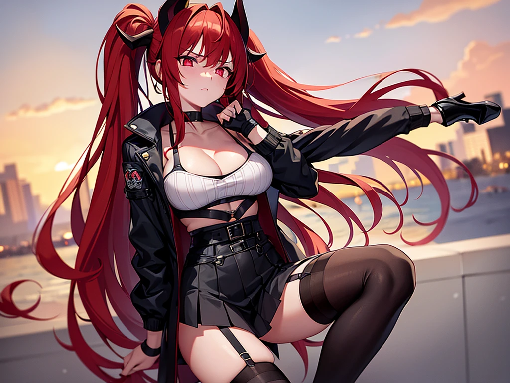 A woman with long red hair tied into a high ponytail with two medium-sized horns protruding from each side of her head. Soft pastel glowing eyes with thin eyebrows. Pronounced breasts and buttocks. Wears a choker around her neck, a black bra, a jacket worn half off her shoulders, a short skirt, thigh-high stockings with a garter belt, and black high heels.