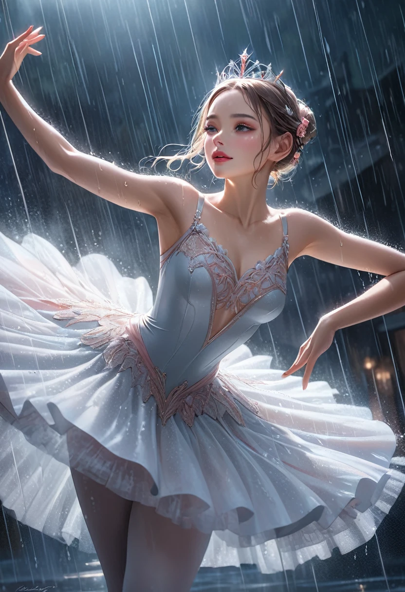 a ballerina dancing in the rain, elegant grand pas de deux, beautiful and delicate ballet costume, outdoor theater, ballet dancer, rain, stunning performance, beautiful detailed(hair, face, longeyelash, lips), (highest quality,16k,highres,masterpiece:1.2),ultra-detailed,(ultra-realistic,photorealistic:1.37),intricate ballet movements,cinematic angle, dramatic lighting,mist and fog,vibrant colors,atmospheric environment,graceful posing,flowing fabric,powerful leaps,emotional expression,ballet slippers,tiara,tutu,en pointe, portrait