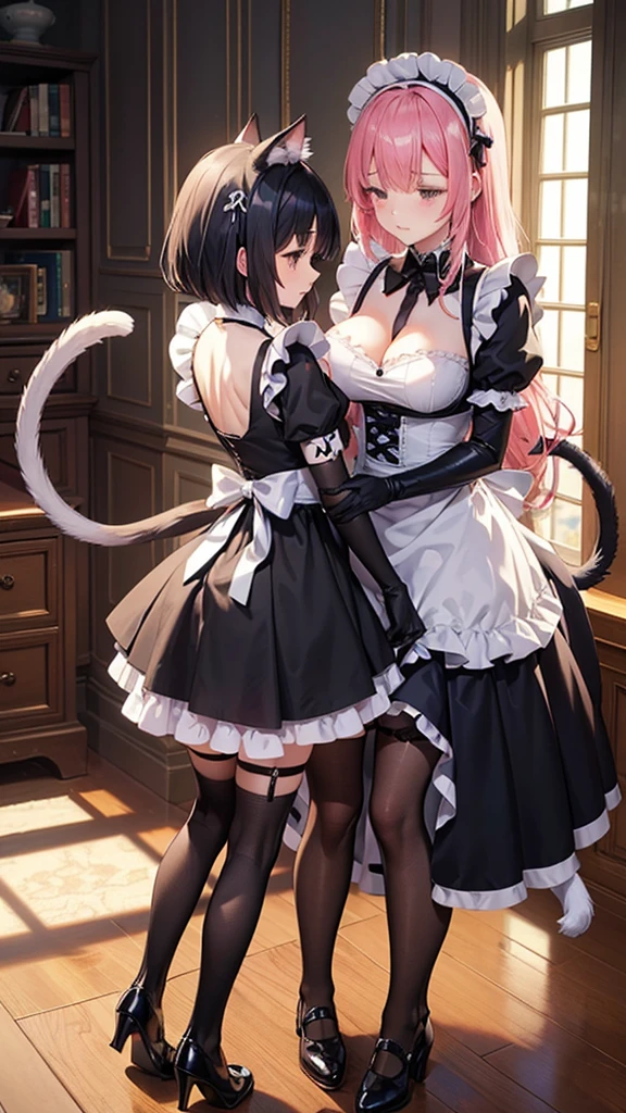 2 Beautiful anime woman with cat ears and tail (wearing maid dress, black stockings, elbow gloves, black gloves) while the other beautiful anime woman with cat ears and tail (wearing maid dress, black stockings, black gloves) is standing behind her and holding her from behind while she places her glove over the other womans breast and falls asleep in her arms