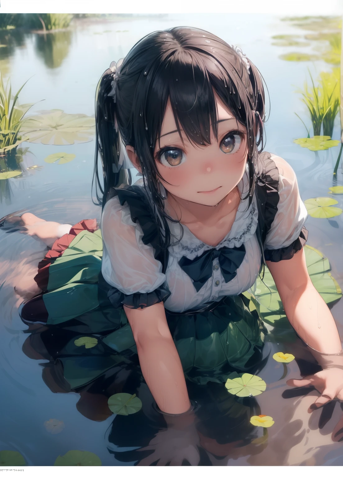 (masterpiece、Highest quality、Highest quality、Official Art、beautifully美しい:1.2)、(One girl:1.3)Hatsune Miku、Twin tails,Beautiful breasts,(masterpiece, Absurd quality, Highest quality, Official Art, beautifully、aesthetic:1.2), 16K, Cute  girl, Very detailed, Digital Art, colorful, Most detailed, Bright colors, By famous artists, (Conversion Sequence), Dynamic Angle, landscape, scenery, flower, Deep Pond, dim , (Floating in a pond), (difficult:1.5), (One girl:1.5), lipstick, eyelash, Very detailed顔, eyelash, Very detailed顔, (Perfect Legs, Perfect hands, Perfect Anatomy：1.1), Depth of written boundary, Beautiful lighting, (Floating Hair:1.3), Detailed skin, Shiny, (temporarily stopped:1.5), (boost mood:1.5), Shiny skin, Shiny hair, Shiny face, Shiny skin, charshall2 (English), (Voluminous ruffled skirt,:1.5) ,(Voluminous pannier skirt:1.5), (Sexual affection:1.5), whole body, (From above:1.4), (Lie down in the pond:1.5), close your eyes, (Wet clothes:1.4), pantyhose, Very wide shot, (Floating in a pond:1.3)