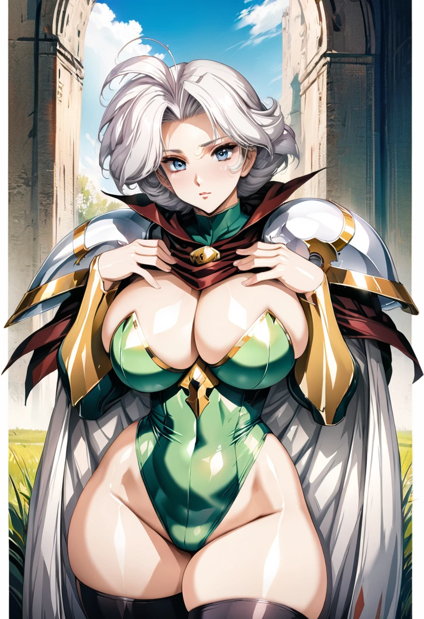 ((highest quality)), ((masterpiece)), ((hyperrealistic)), (detailed background), anime style, solo, 1girl, ((curvy: 1.2)), kawaii, ((green Lamé leotard)), ((catsuit)), (shoulder armor), (breastplate), cloak de cour, white hair, ahoge, forehead, parted bangs, ((huge breasts)), (zettai ryouiki black knee socks), (big butt), (thighs), (groin), beautiful eyes, perfect face, Perfect hands, perfect fingers, Blue sky and grassland,