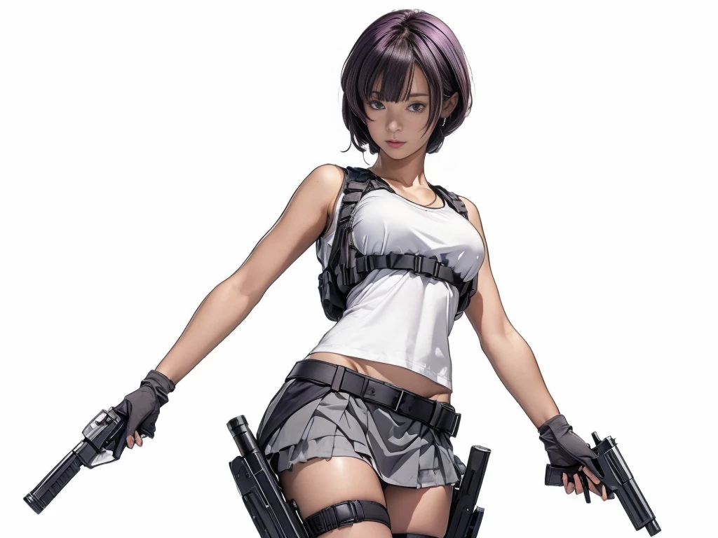 Elaizaikedareal, 1girl, solo, short hair, skirt, shirt, gloves, white background, bow, holding, , purple eyes, white shirt, weapon, purple hair, pleated skirt, shoes, black gloves, socks, bowtie, holding weapon, gun, sneakers, holding gun, armband, rifle, grey skirt, headset, assault rifle, grey gloves, load bearing vest