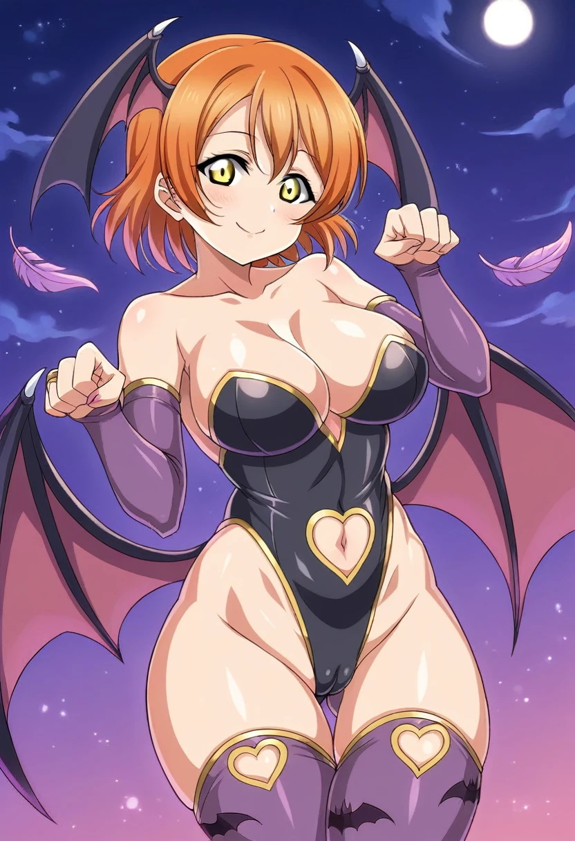 (Masterpiece, Best Quality, High Quality), Hoshizora rin love live, orange hair, short floating hair, yellow eyes,breasts,bangs,demon_girl,head_wings,wings,animal_print,(pantyhose:1.1),bat_print,bat_wings,print_legwear,bridal_gauntlets,leotard,bare_shoulders,cleavage,large_breasts,black_wings,orange_gloves,thong_leotard,bat print,clothing_cutout,purple_wings,heart_cutout,low_wings,black_leotard,bat,highleg_leotard,purple_legwear,highleg,demon_wings,feather_trim,gloves,koakuma,cutout_above_navel,thicc thighs,collarbone, standing, night ,paw pose, Cameltoe