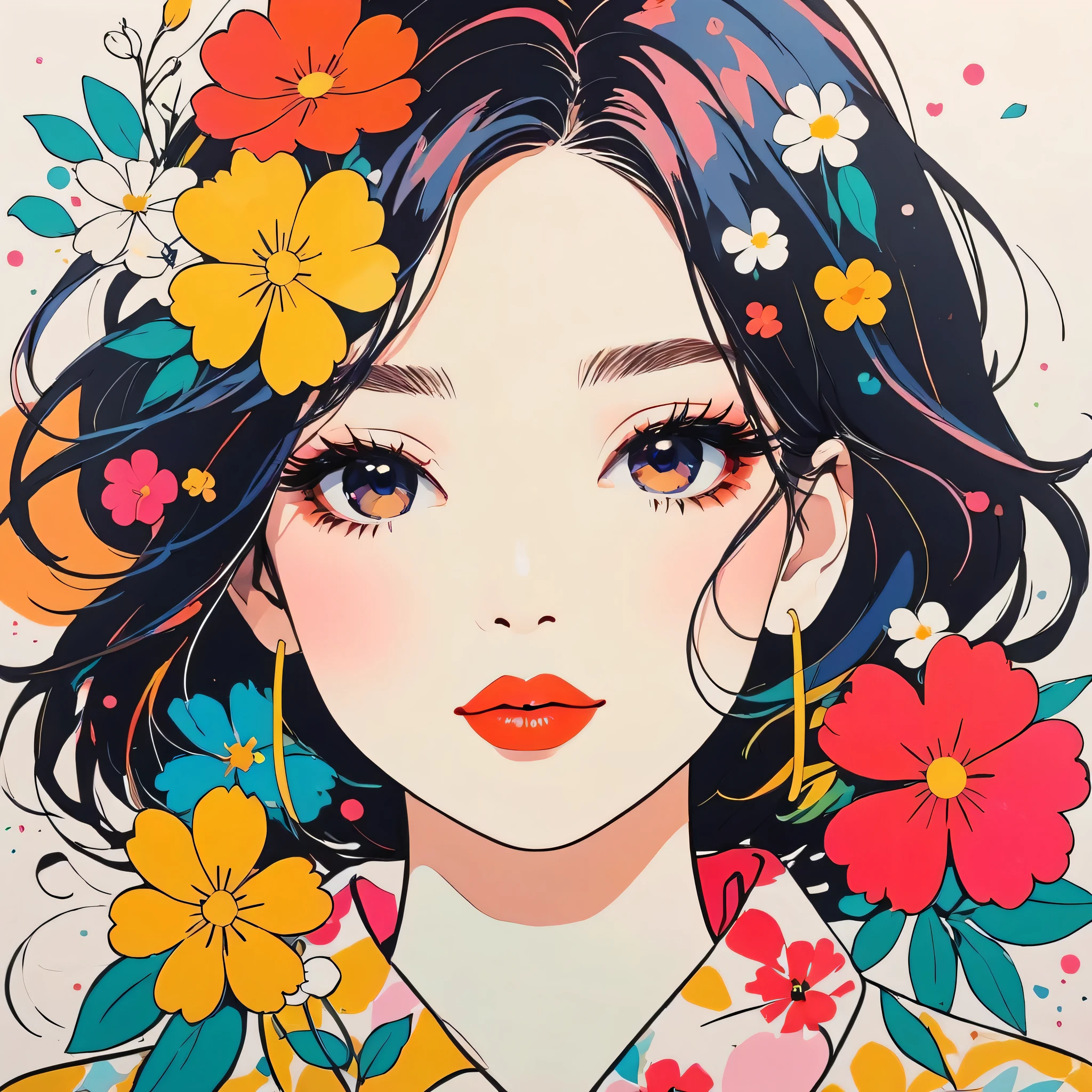 Mika Pikazo style, Simple Line Initialism,Abstract art,Urban Background, colorful flowers ,(((The most beautiful girl of all time))), Sweet face, Lips in love
