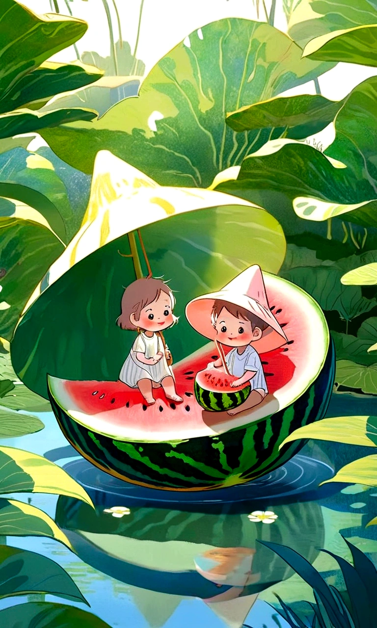 Vision，Hot summer，Two children sitting on a giant watermelon-shaped boat，Back，Wear a sun hat，Fundo verde claro，Summer elements，Lotus Pond，A hot, sunny day in midsummer，Comic Style，Fresh and beautiful atmosphere