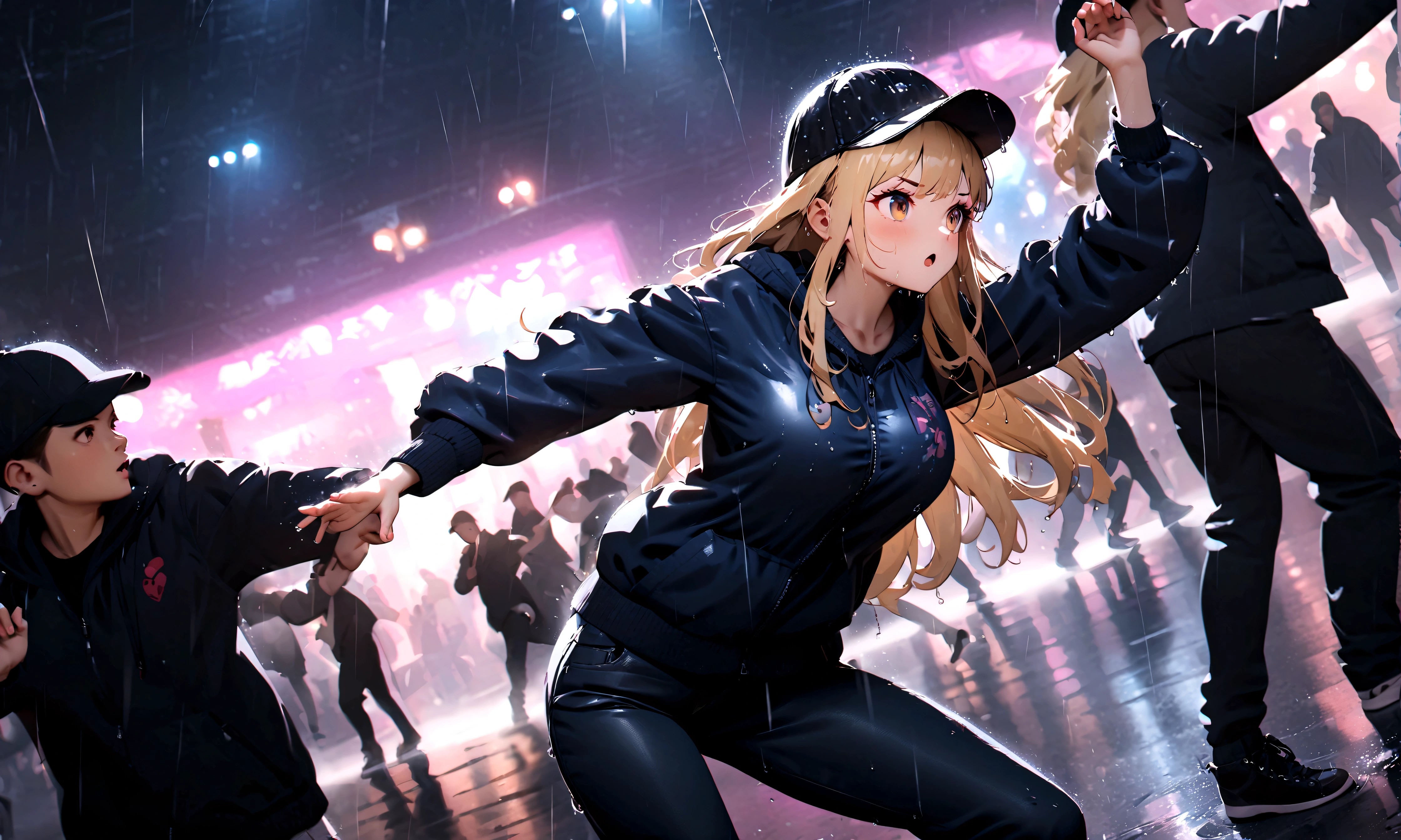 quality\(8k,wallpaper of extremely detailed CG unit, ​masterpiece,hight resolution,top-quality,top-quality real texture skin,hyper realisitic,increase the resolution,RAW photos,best qualtiy,highly detailed,the wallpaper,cinematic lighting,ray trace,golden ratio\), BREAK ,1girl\(young,long hair, blonde, brest, street fashion, hat, wet, wiping water\) is dancing breaking, heavy rain, spectators all around,street,at night,motion blur,dynamic pose,dynamic angle