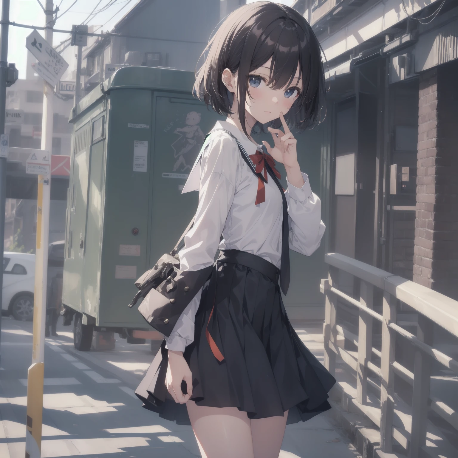 ultra-absurdres-Top quality by artist God, ultra-detailed, high resolution, anime moe artstyle, best anime 8k konachan wallpaper, pixiv contest winner, pool:2810, perfect anatomy,break, 1girl, (Please draw a girl walking sleepily to school alone. )break,(Solo,little female, 13-year-old:1.3),Full limbs, complete fingers,a junior high school student, (very short hair), short cut, flat chest, , small butt, small black eyes, beautiful detailed eyes, well-proportioned iris and pupils, expressive eyes, highres detailed hair, soft expression, salor school_uniform, sailor collar, serahuku, bow, pleated skirt,(Detailed Lighting), (Detailed background), in the School commute route. break,super detailed skin, Best cinematic lighting powered by famous artist, 8k,beauty illustration,photoshop_(medium),very aesthetic,break,((artist:hana_kazari )), artist:clamp ,artist:carnelian ,artist:kantoku ,
