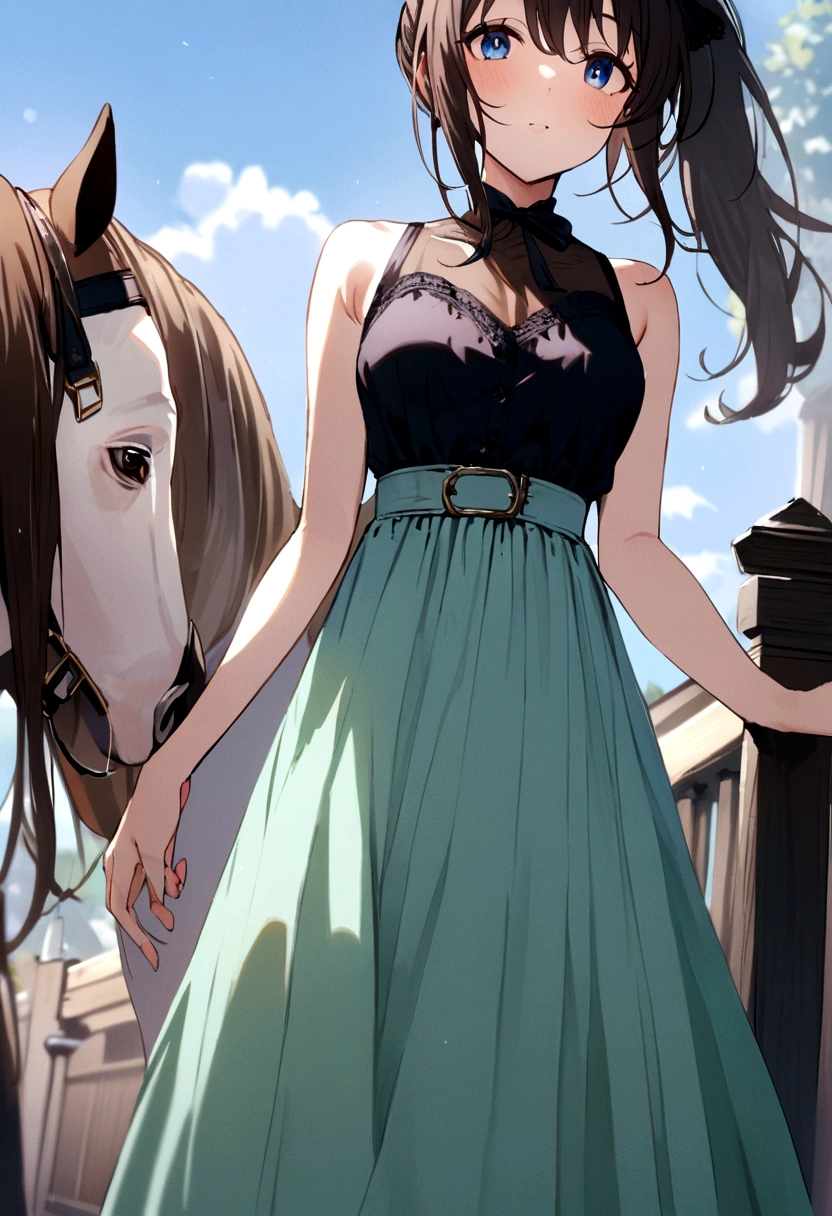 (((Horse Girl))), (((Fine Motion))), High resolution, The background is blue sky, Dress like a young lady,