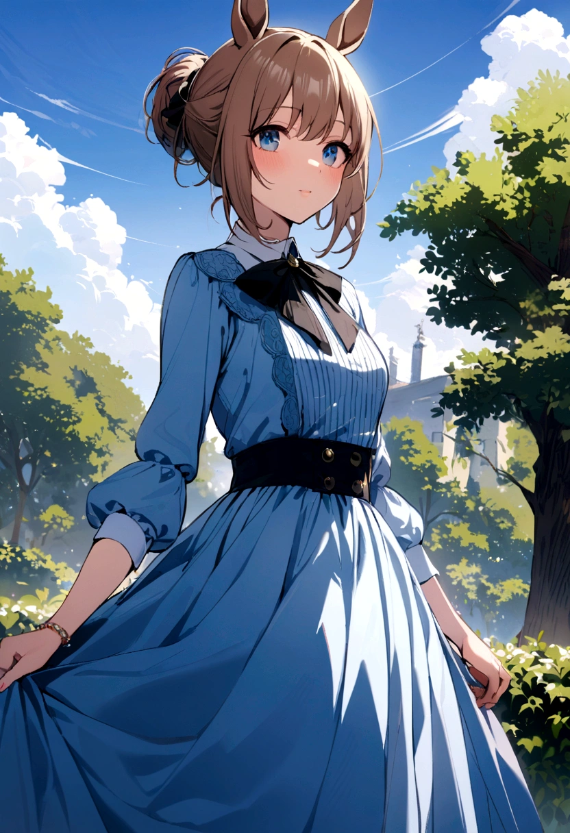 (((Horse Girl))), (((Fine Motion))), High resolution, The background is blue sky, Dress like a young lady,