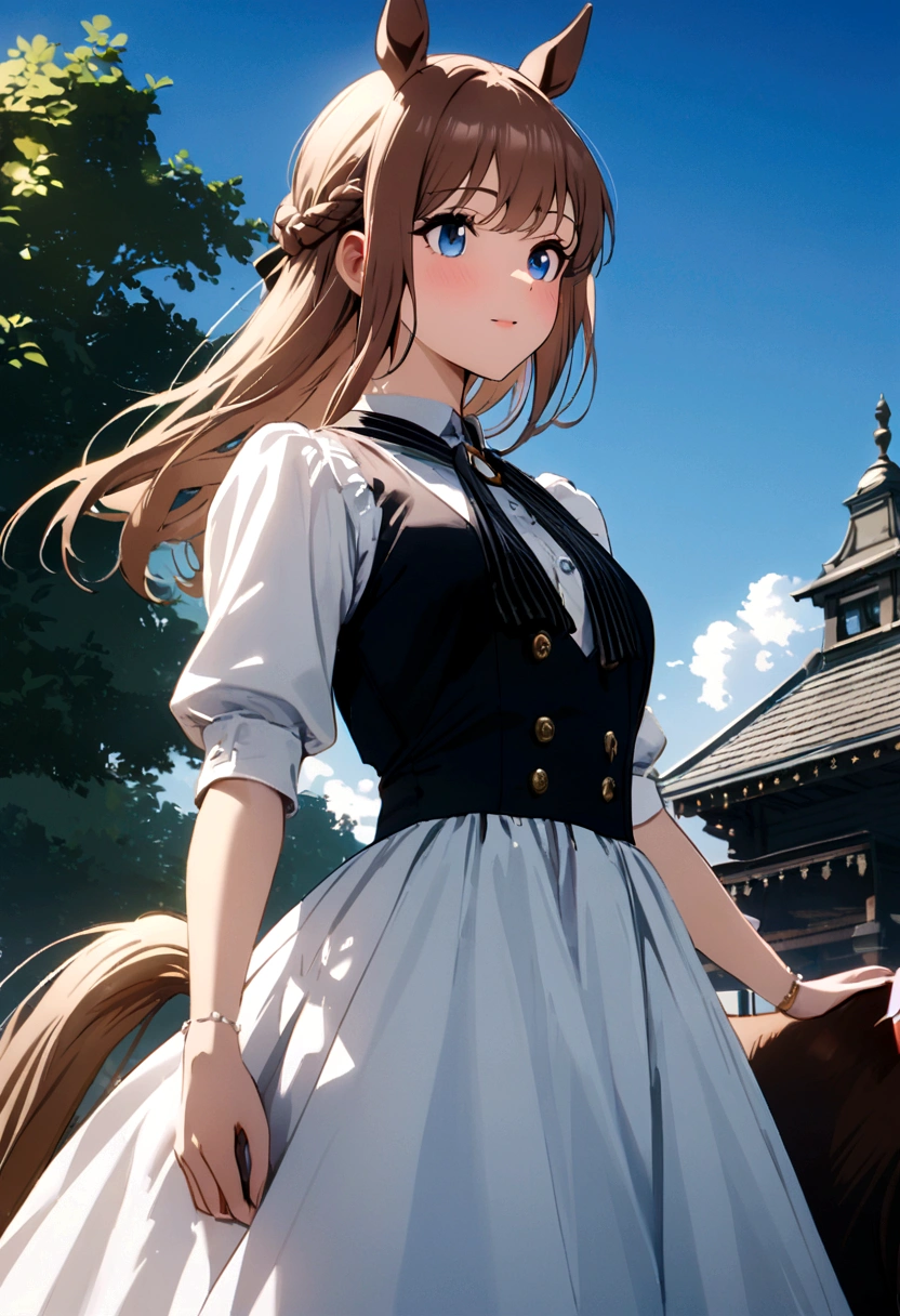 (((Horse Girl))), (((Fine Motion))), High resolution, The background is blue sky, Dress like a young lady,