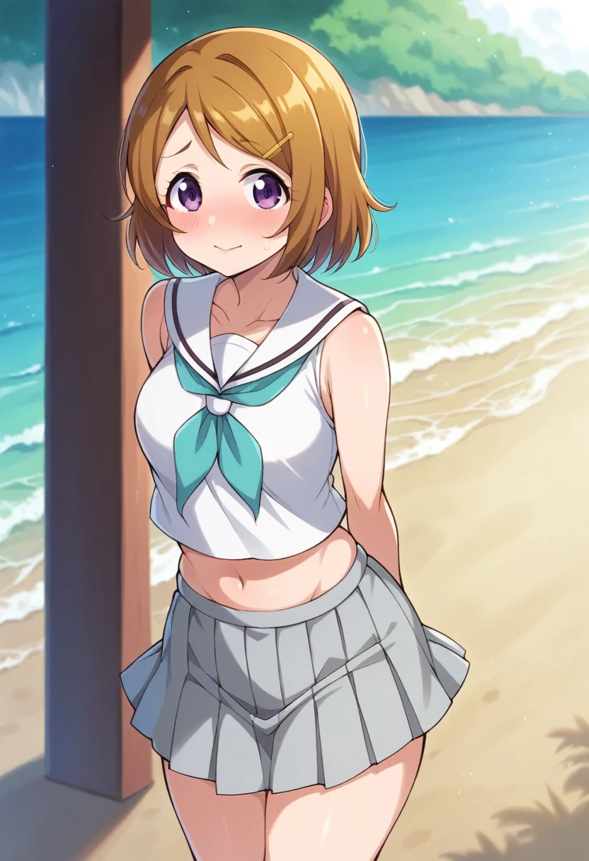 Masterpiece, best quality, 80's anime style,solo , Hanayo Koizumi, purple eyes,blush, skirt, sleeveless, pleated skirt, serafuku, grey skirt, tight white top, uranohoshi ,beach, thighs, skindentation , shy ,shy pose , arms behind back,midriff , standing , pervert smile , wide hips ,(skirt down:0.9)