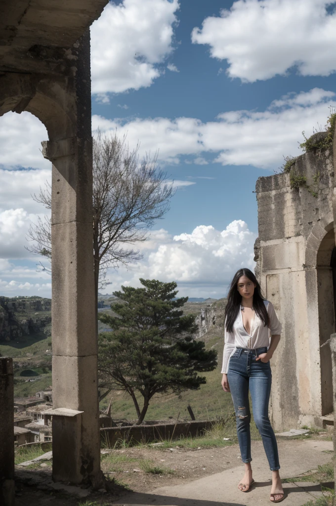 Thai Woman, look at viewer, long hair, shirt, jeans, cloud, day, sky, outdoors, post-apocalypse, ruins, scenery, tree, water, sassi_di_matera landscape