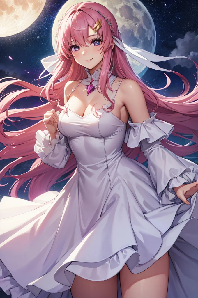 (masterpiece:1.3), (best quality:1.1), (8k, ultra detailed, ultra high res:1.2), ((anime style)), perfect 5 fingers, perfect anatomy, 
1girl,
BREAK long hair, 
pink hair, 
purple eyes,  
long dress, white dress, long sleeve, frill, frill skirt, detached sleeves, shoulder hole tops
looking at viewer, smile, standing, 
(cowboy shot1.5), 
perfect light, 
(detailed background:1.2), space, sun, star, moon, the cosmos, galaxy, 