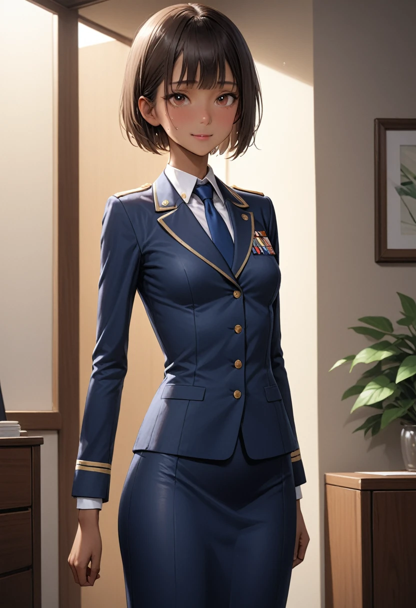 (masterpiece,Highest quality:1.3,best quality illustration,realistic),cowboy shot,1woman,23 year old Japanese beauty,((very small head:1.3)),brown short bob hair,bangs,brown eyes,gorgeous eyes,shy,smile,small breasts,((very long body:1.3)),((toned body,slender body,skinny,tan skin)),(navy uniform、Dark blue blazer jacket、White Shirt、Navy blue tie、Navy blue tight skirt),gleaming skin,shiny skin,sweat,standing,Bedroom、Naval Base、