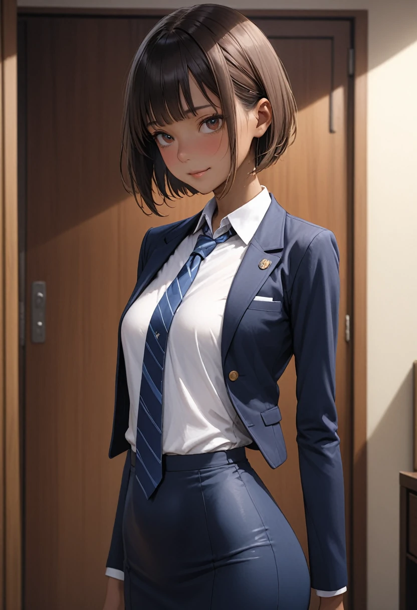 (masterpiece,Highest quality:1.3,best quality illustration,realistic),cowboy shot,1woman,23 year old Japanese beauty,((very small head:1.3)),brown short bob hair,bangs,brown eyes,gorgeous eyes,shy,smile,small breasts,((very long body:1.3)),((toned body,slender body,skinny,tan skin)),(navy uniform、Dark blue blazer jacket、White Shirt、Navy blue tie、Navy blue tight skirt),gleaming skin,shiny skin,sweat,standing,Bedroom、Naval Base、
