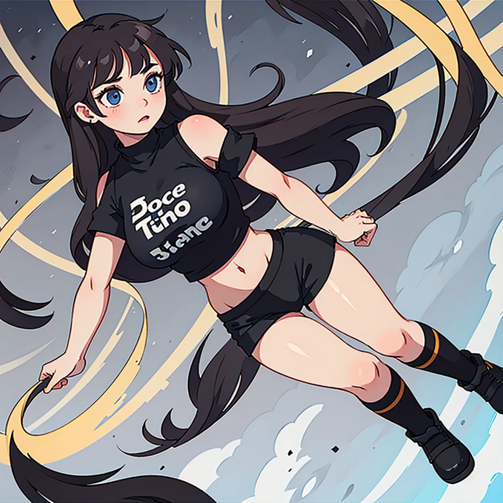 One, ((solo)) , young woman, Black T-shirt, strong cleavage, short shorts, black stockings, black shoes , Brown hair, Blue eyes, long hair, в full height, Big hips, big breasts, full height