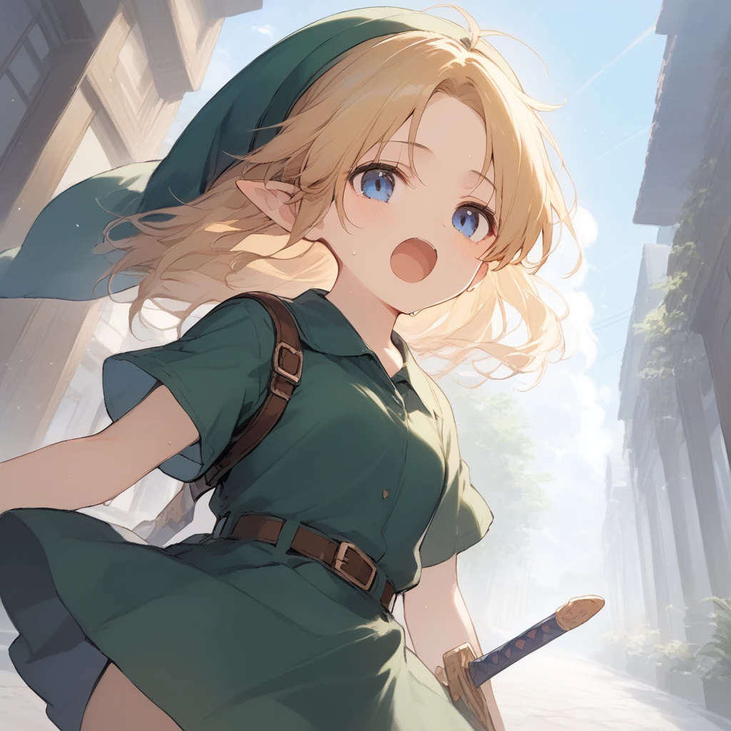 score_9, score_8_up, score_7_up, source_anime, best quality, masterpiece, official art, absurdres, highres, ultra-detailed,waifu2x,Collection: Slice of Life,break,1girl, YoungLink,13-year-old, small breasts, blonde hair, green tunic, pointy ears, hat, solo, blue eyes,green_headwear belt, sword, sweat, open mouth, (yawn:0.3), sleepily, outdoors, wind,break,(clear line illustration:1.2), super detailed skin,very high resolution, very aesthetic, Best sexual lighting powered by famous artist, 8k,cute picture,beauty illustration,photoshop_(medium),,(Detailed Lighting),best anime 8k konachan wallpaper, pixiv contest winner,