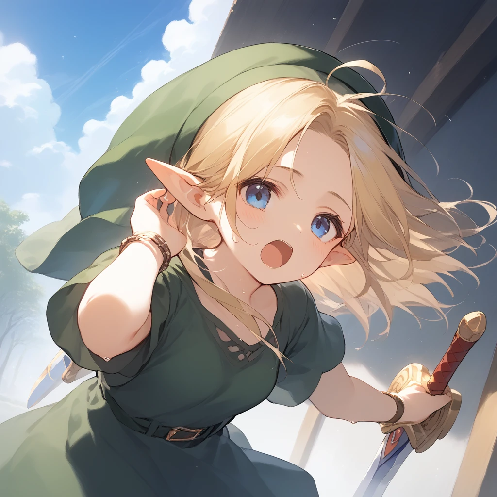 score_9, score_8_up, score_7_up, source_anime, best quality, masterpiece, official art, absurdres, highres, ultra-detailed,waifu2x,Collection: Slice of Life,break,1girl, YoungLink,-yeld, sl breasts, blonde hair, green tunic, pointy ears, hat, solo, blue eyes,green_headwear belt, sword, sweat, open mouth, (yawn:0.3), sleepily, outdoors, wind,break,(clear line illustration:1.2), super detailed skin,very high resolution, very aesthetic, Best sexual lighting powered by famous artist, 8k,cute picture,beauty illustration,photoshop_(medium),,(Detailed Lighting),best anime 8k konachan wallpaper, pixiv contest winner, 