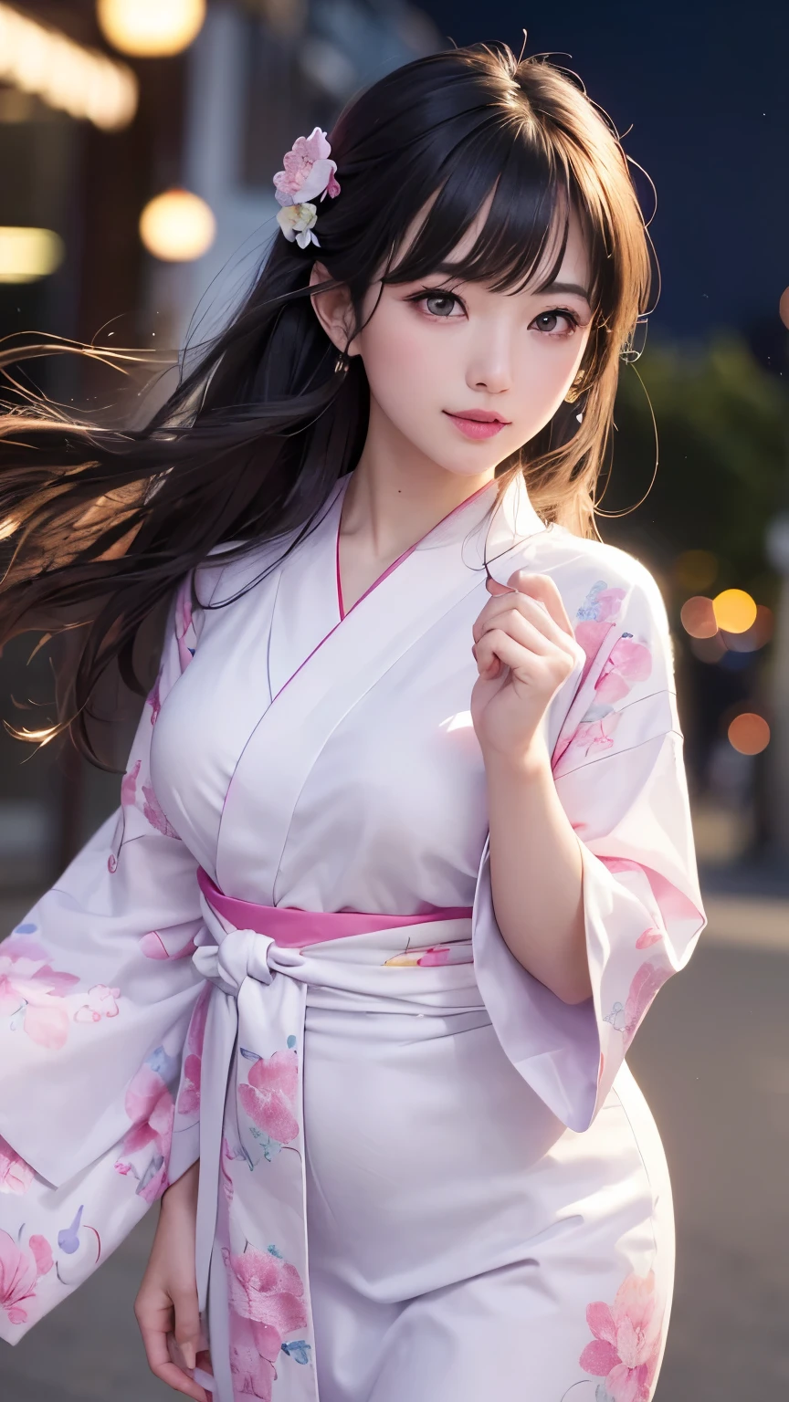 (logo、masterpiece、8K、Tabletop、RAW Photos、wonderful、最high quality、フォトリアリスティックでVery detailedな CG 複合 8K 壁紙、high quality、Very detailed、Narrative poem、Particle Effects、Dynamic Effects、Depth of the Boundary、Cinematic Light、Lens flare、Ray Tracing)、 (One beautiful woman wearing a yukata、White yukata、Light purple pattern)、Black-haired、High definition skin、Very fine、Fine skin texture、Beautiful Face、True Face、Beautiful details in the eyes、Realistic eyes、Beautifully detailed eyes、Realistic Skin、Beautiful Skin、Surreal、Smiling Eyes、Hair and light eyes、vivid、Colorful lights and bokeh、plump lower lip、Pink Lips、Hair flutters in Wind、Hair bounces、wonderful景色、night、evening、Wind、moonlight、moonlight、light