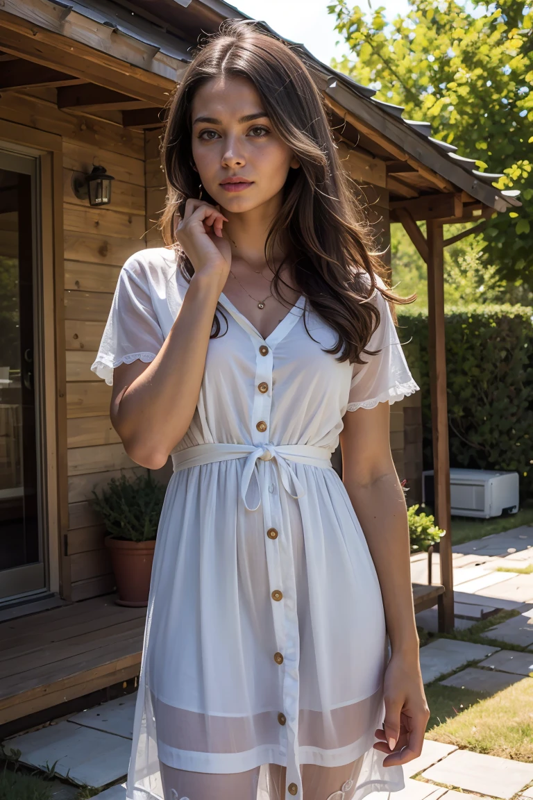 A beautiful woman with light delicately filtering through her hair, her summer dress is beautiful and she's standing in front of a cottage