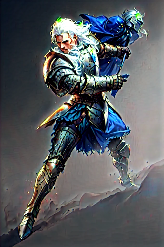 A man with white hair, wearing the armor of an ancient knight, very strong, Marvel superhero style, 8K, better quality and full body in the image, on battlefield.