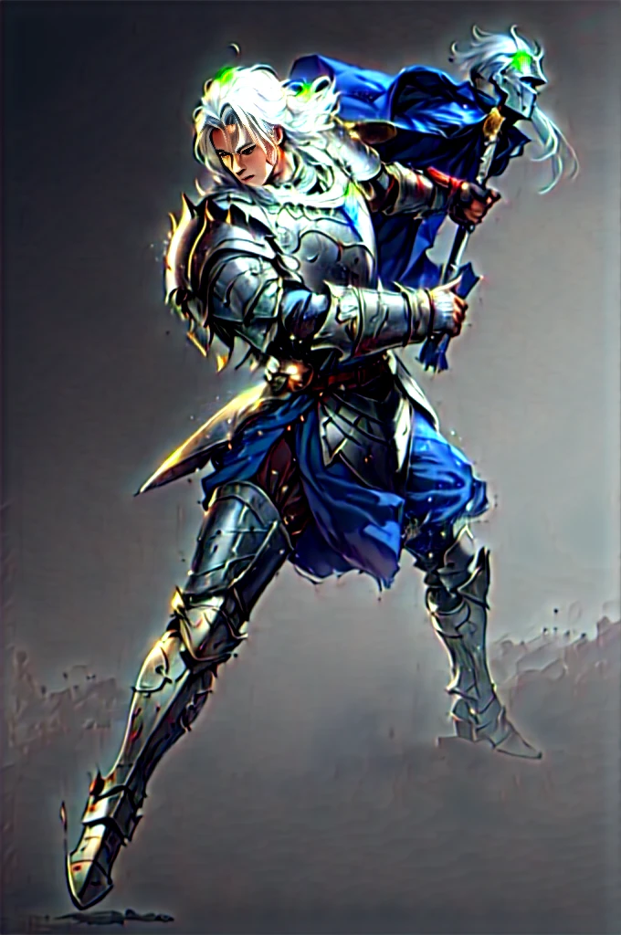 A man with white hair, wearing the armor of an ancient knight, very strong, Marvel superhero style, 8K, better quality and full body in the image, on battlefield.